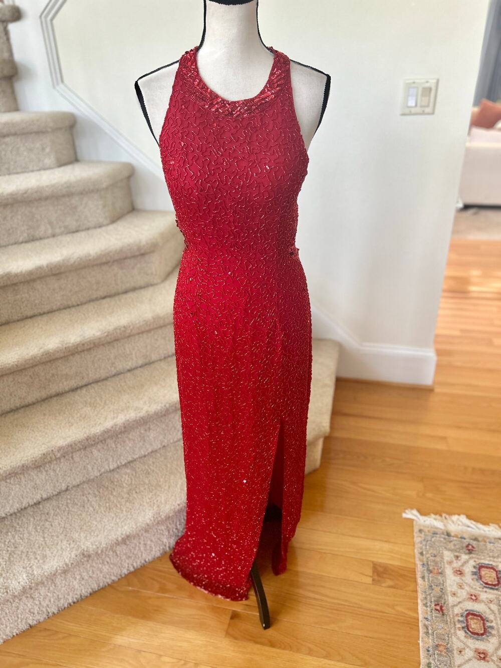 Vintage Y2K Cache Silk Red Beaded Backless Maxi Slit Gown